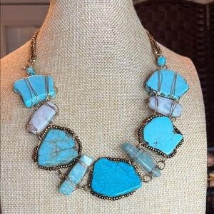 Howlite with Turquoise Color Stone and Gold Seed Bead Statement Necklace